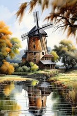 Old wooden mill against the backdrop forest painting