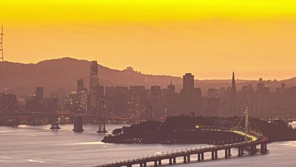 Wall Mural - Yerba Buena Island And San Francisco-Oakland Bay Bridge At Golden Hour Sunset. Dusk To Night Timelapse.