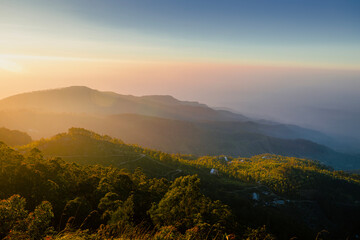 Poster - Beautiful sunrise over hills with tea plantations near Haputale in Sri Lanka..