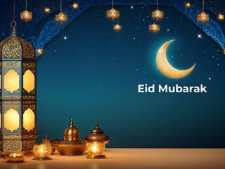 Islamic Background for Eid ul Fitr Celebration night view with Islamic lamp