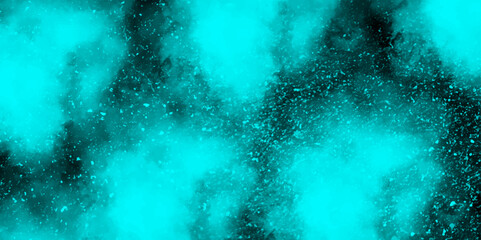 Poster - Abstract dynamic particles with soft blue clouds on dark background. Space hand painted watercolor background with aquarelle light mint color splash. Watercolor fantastic and grungy background.