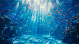 Fototapeta Do akwarium - underwater coral reef landscape wide panorama background in the deep blue ocean with colorful fish and marine life