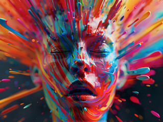 3D clean depiction of a mind in creative overdrive colors bursting from the head in vivid splendor