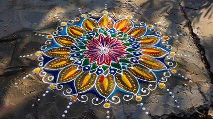 a vibrant rangoli design made with flower petals and colored powder on a sunny day showcasing tradit