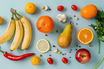 Wall Mural - vegetables and fruits isolated on light blue background, flatlay mockup concept