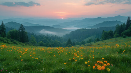Wall Mural - Sunset in the mountains, Beautiful view of flowers. Created with Ai