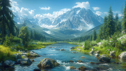 Wall Mural - Beautiful landscape of snow covered mountains with lake. Created with Ai
