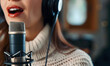 woman wearing a white sweater, wearing headphones and singing into a microphone in a recording session, Generative AI 