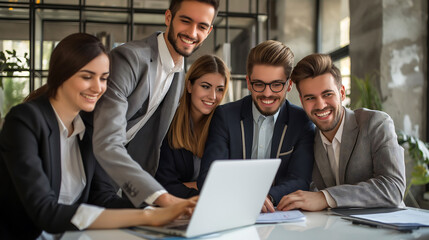 Wall Mural - Group of happy colleagues together in the office, happy cooperation with clients, business cooperation, work meeting, brainstorming,photo	