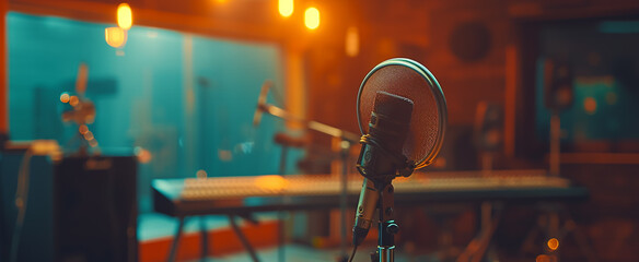 a microphone in a recording studio with some music equipment