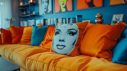 Wall Mural - Modern Living Room with Colorful Decor and Pop Art Pillows