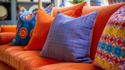 Colorful Decorative Pillows on Orange Sofa