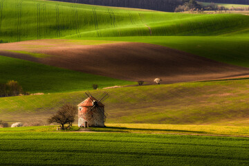 Kunkovice windmill in the Czech Republic. Historical windmill in the fairytale landscape of South Moravia. 