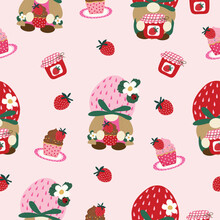 Cute Pink Strawberry Cake Gnomes Hand Drawn Seamless Pattern Vector Illustration For Invitation Greeting Birthday Party Celebration Wedding Card Poster Banner Textile Wallpaper Paper Wrap Background