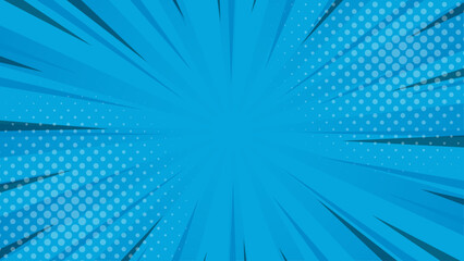 Wall Mural - Blue pop art comic sunburst effect background with halftone. Cartoon abstract vector background. Suitable for templates, sales banners, events, ads, web, and pages