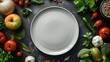 Empty white plate surrounded by fresh vegetables on dark background. Perfect for culinary websites and healthy eating blogs. Ideal for diet and nutrition concepts. High-quality food presentation. AI