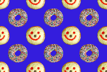 Wall Mural - Chocolate Glazed Doughnuts with Smiling Face Coconut Flakes Donuts Pattern on Royal Blue Background