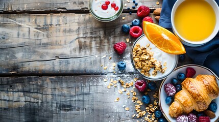 Wall Mural - Colorful Breakfast Spread on Rustic Wooden Table. Fresh Fruit, Cereal, and Pastries for Healthy Eating. Delicious Morning Meal Setup Shot from Above. AI