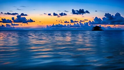 Wall Mural - evening on the sea, small island hut with endless ocean and sky gen ai animation