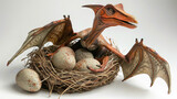 Fototapeta Dziecięca - A pterodactyl perched on its nest, which contains eggs, set against a light grey background