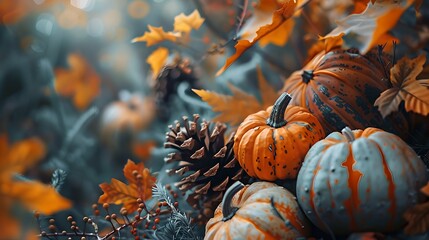 Sticker - Autumn harvest still life with pumpkins and pine cones amid fallen leaves. Cozy fall atmosphere captured in a rustic style. Ideal for seasonal themes and decor. AI