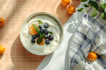 Poster - Fresh yogurt with blueberries and mint, sunny morning breakfast, healthy eating concept with shadows. Food photography. AI