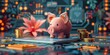 Adorable 3D render of a smiling, piggy bank robot efficiently sorting colorful, oversized coins on a vibrant, circuit board-inspired background