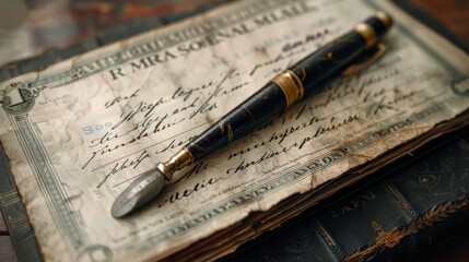 A vintage checkbook with a handwritten check for a large sum, adorned with ornate calligraphy.