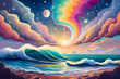 Oil painting artistic image of floating sea waves in the clouded sky with rainbow colours of universe and glow stars, illustration