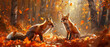 Foxes playing in a vibrant autumn forest, cunning and adaptability