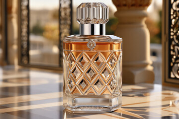 A luxurious perfume bottle placed amidst intricately designed arabic decor, emanating captivating scents that reflect the elegance and allure of eastern arabian culture and traditions.