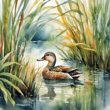 Duck On The Water.a Realistic Wall Watercolor Artwork Portraying A Duck Nestled Among Lush Reeds At The Edge Of A Tranquil Pond, With Intricate Details And Delicate Washes Of Color Bringing The Serene