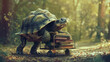 A turtle librarian with glasses, pushing a cart of books,