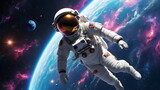 Fototapeta Kosmos - Space Exploration, Astronaut Adrift Amidst Cosmic Beauty, vibrant space galaxy