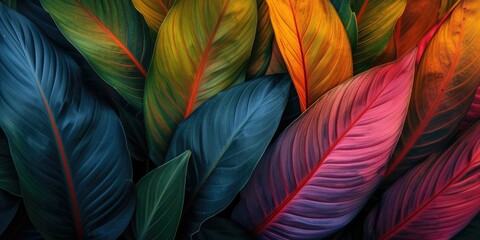 Wall Mural - leaves of Spathiphyllum cannifolium, abstract colorful texture, nature background. top view