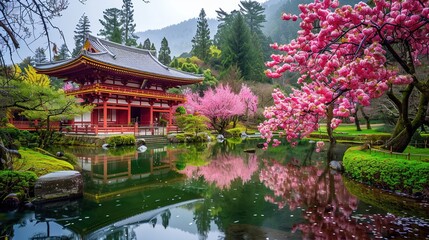 Poster - Beautiful japan temple in blossoming sakura garden, pink cherry trees, nature background wallpaper