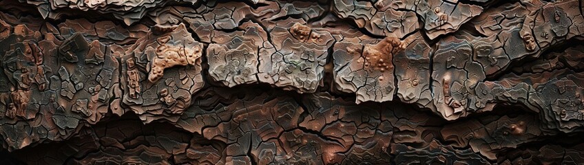 Wall Mural - A close-up view of a textured tree bark with rough ridges, natural grooves, and a rich earthy color palette