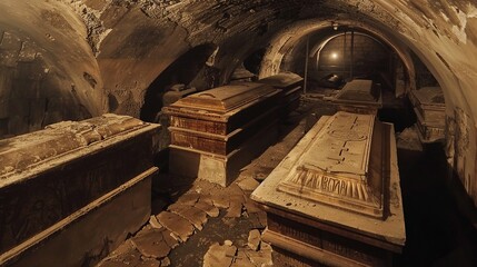 Poster - An eerie, underground crypt adorned with ancient coffins