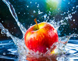 Frischer Apfel mit Wasserspritzer auf blauem Hintergrund
