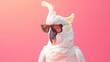 interesting white cockatoo parrot wearing shades Homegrown pet bird creature pink background