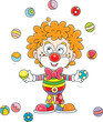 Funny red-haired circus clown in a colorful suit juggling with toy balls in a fun performance, vector cartoon illustration on a white background
