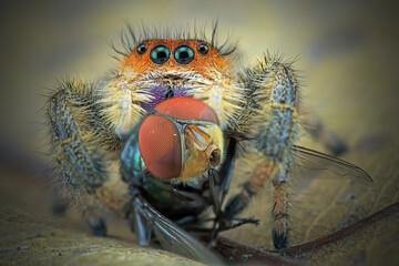 phidippus regius jumping spider with prey