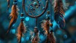 Blue and brown Dreamcatcher made of feathers leather beads and ropes, hanging ,Dreamcatcher is flying in the sky,A small dream catcher hanging from a string on the wall