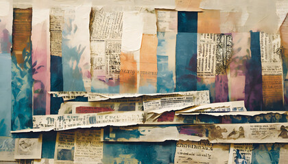 Paint a collage of scenes with the textures of aged newspaper clippings, using oil technique. Generative AI.