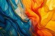 Abstract background of acrylic paint in blue and orange tones with waves and splashes