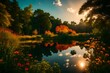 Captivating sunset over a secluded lake, framed by verdant trees and a profusion of colorful wildflowers.