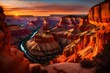 The canyon's serene beauty is illuminated by the vivid hues of a sunset, creating an awe-inspiring backdrop.