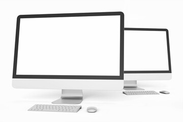 Wall Mural - two modern tech blank lcd responsive monitor screen display desktop computer device realistic mockup