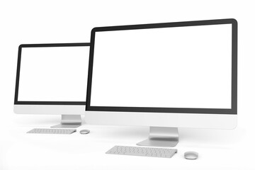 Wall Mural - two modern tech blank lcd responsive monitor screen display desktop computer device realistic mockup