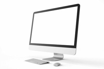 Wall Mural - one modern tech blank lcd responsive monitor screen display desktop computer device realistic mockup template with keyboard and mouse 3d render illustration isolated perspective view